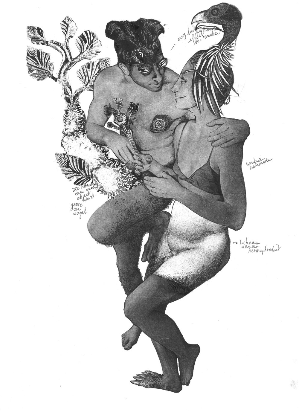 Pan & Hermaphrodites I, study Scanned photos, collaged cut out of historical art references, pen & ink drawing on paper 11 x 14 inches framed