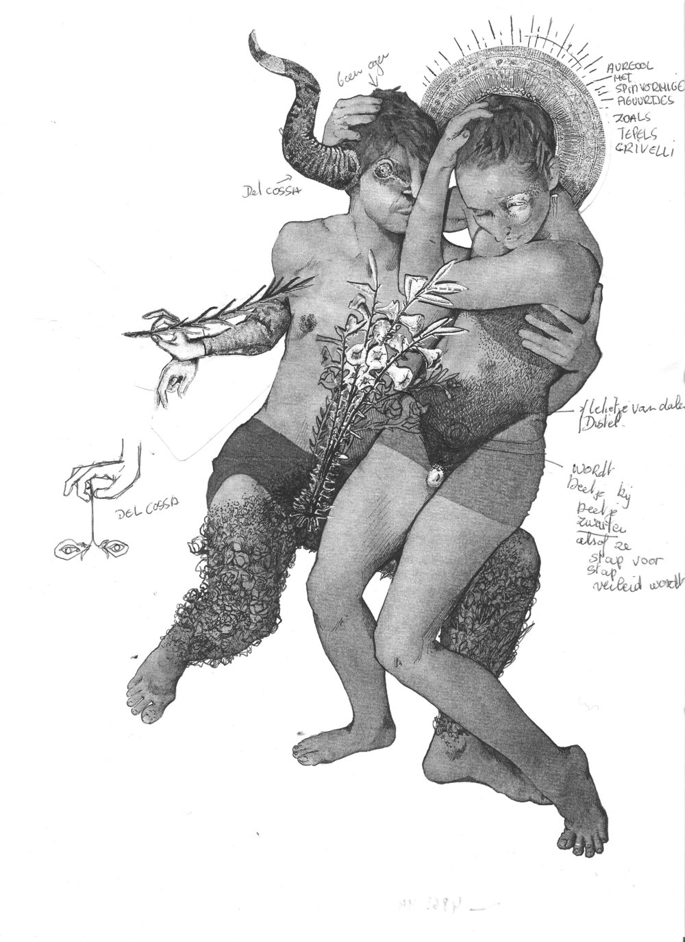 Pan & Hermaphrodites II, study Scanned photos, collaged cut out of historical art references, pen & ink drawing on paper 11 x 14 inches framed