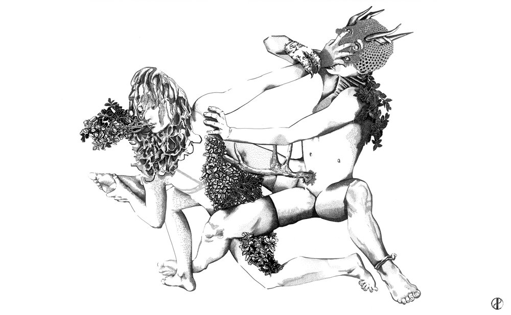 Pan & Hermaphrodites III Chinese ink & acrylic paint on paper 8 x 5 feet