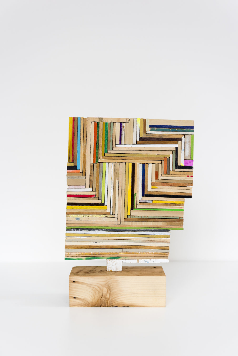 Damien Hoar de Galvan rectangle guy , 2016 Wood, various paints, ink, graphite and glue 12 x 8 x 3.5"