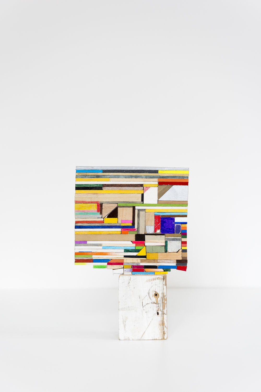 Damien Hoar de Galvan square guy , 2016 Wood, various paints, ink, graphite and glue 10 x 6.5 x 1.5"